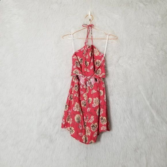 Flynn Skye Red Firework Floral Mini Halter Open Tie Back Dress Medium - Picture 3 of 12